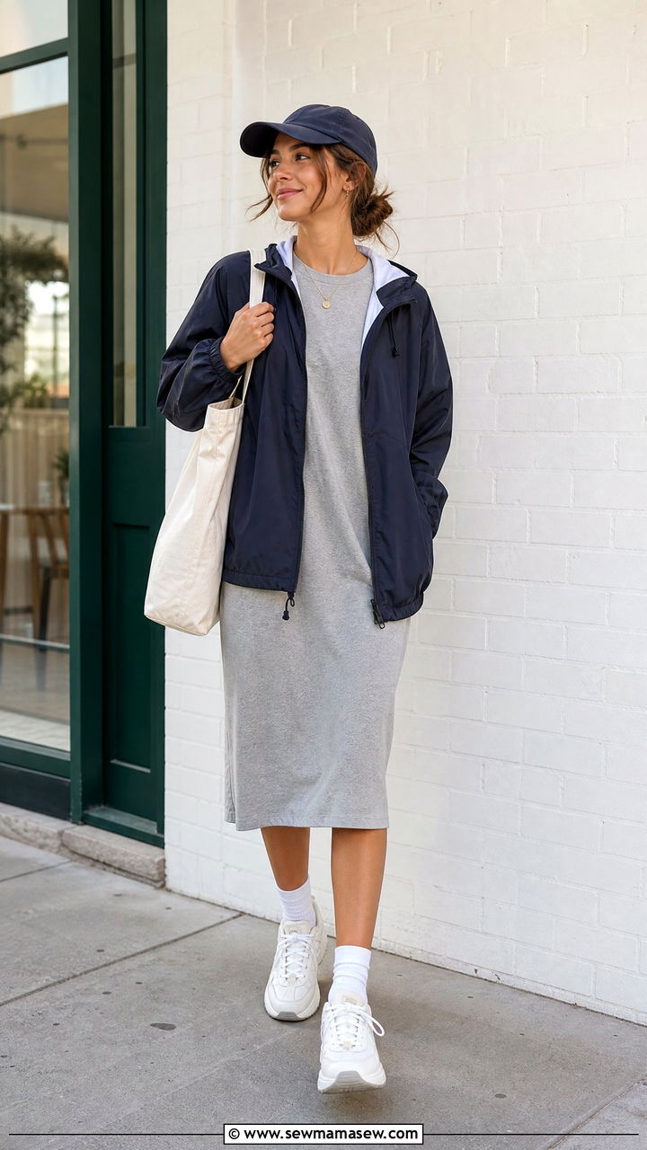 T shirt dress with a sporty jacket and chunky sneakers - 25 fashion inspo outfits 2026