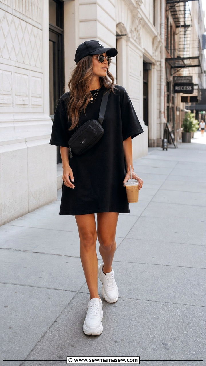 T shirt dress with chunky sneakers and a baseball cap - 40 What to wear in summer