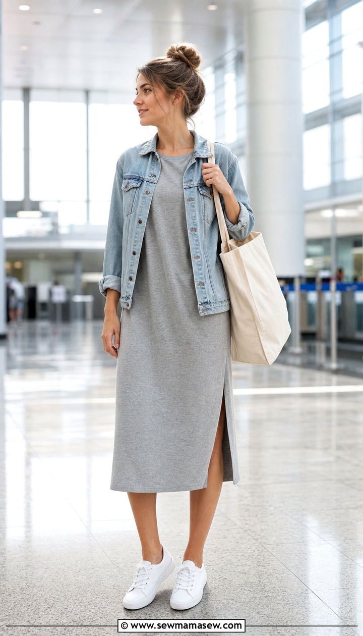T shirt dress with denim jacket and sneakers - 35 Airport outfits for long flights