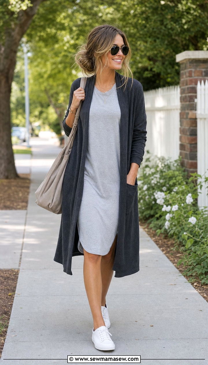 T shirt dress with longline cardigan - 25 Shirt dress outfit ideas with a cardigan