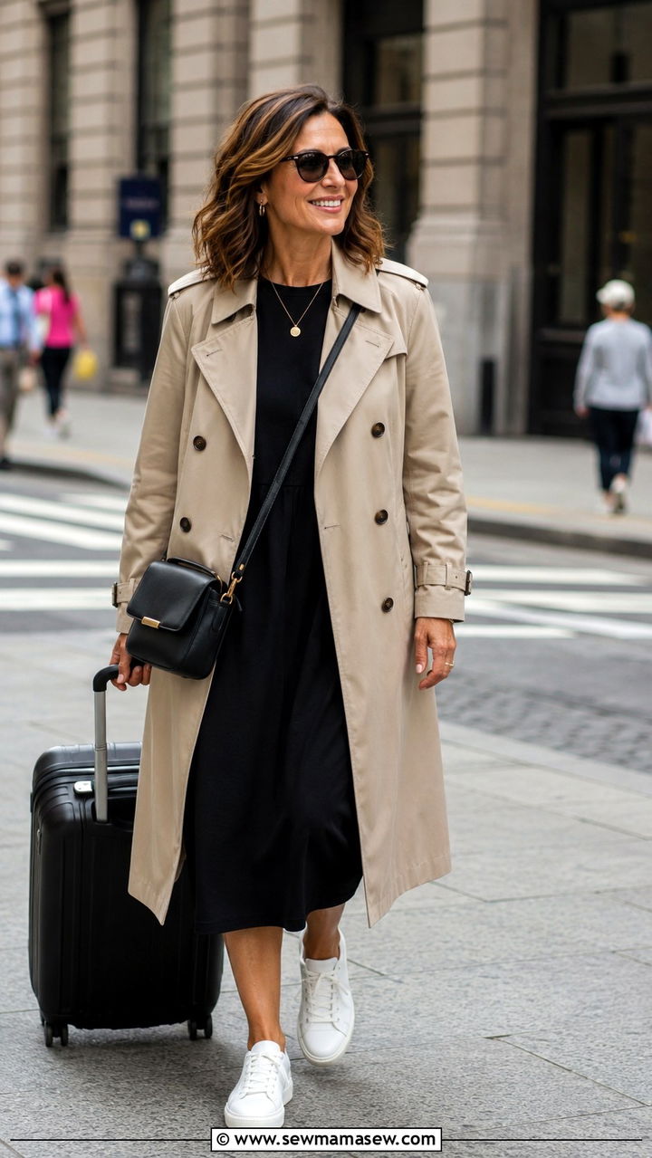 T shirt dress with trench coat - 30 Dress outfit ideas for women over 40