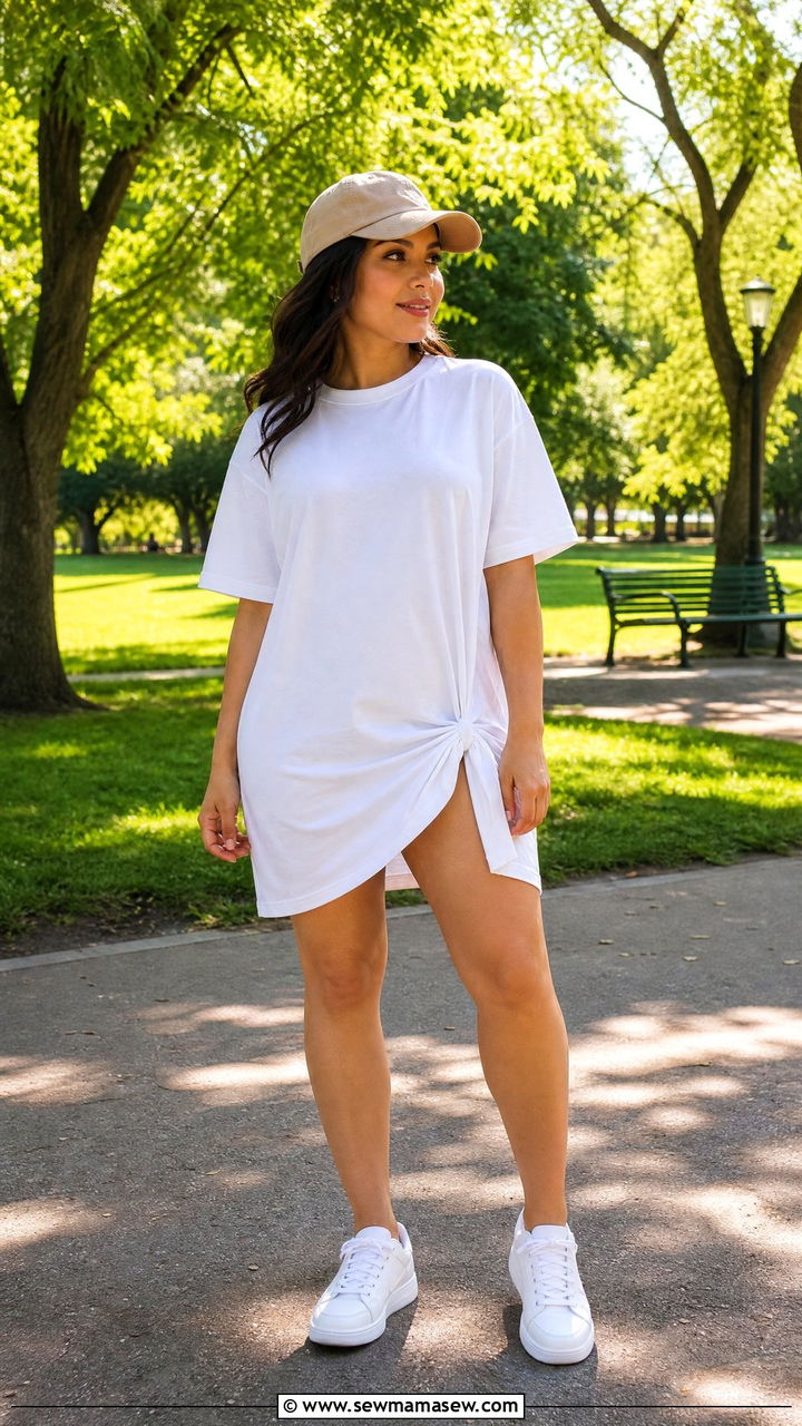 T shirt dress with white sneakers and baseball cap - 30 Summer outfits for short women