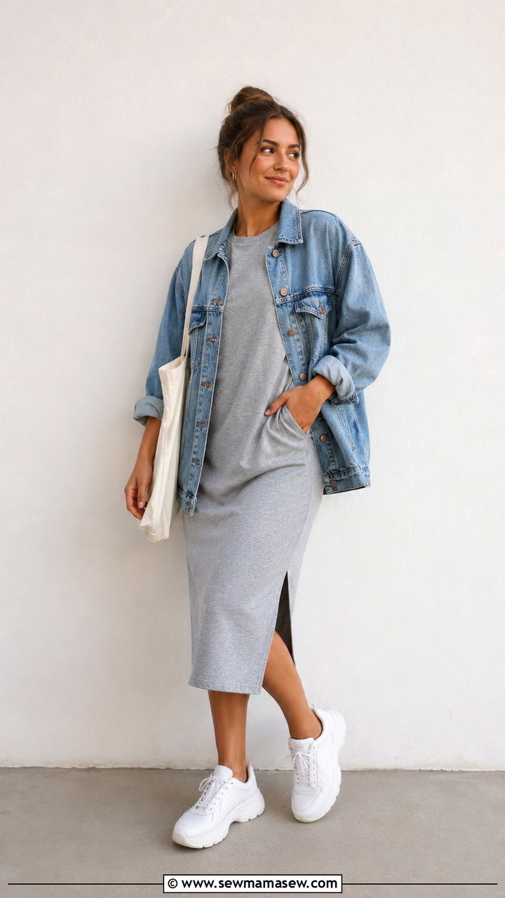 T shirt midi dress with denim jacket and chunky sneakers - 30 Midi dress with denim jacket outfit ideas