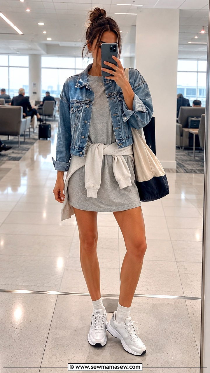 T shirt mini dress with denim jacket casual look - 30 Mini dress outfit ideas with a denim jacket