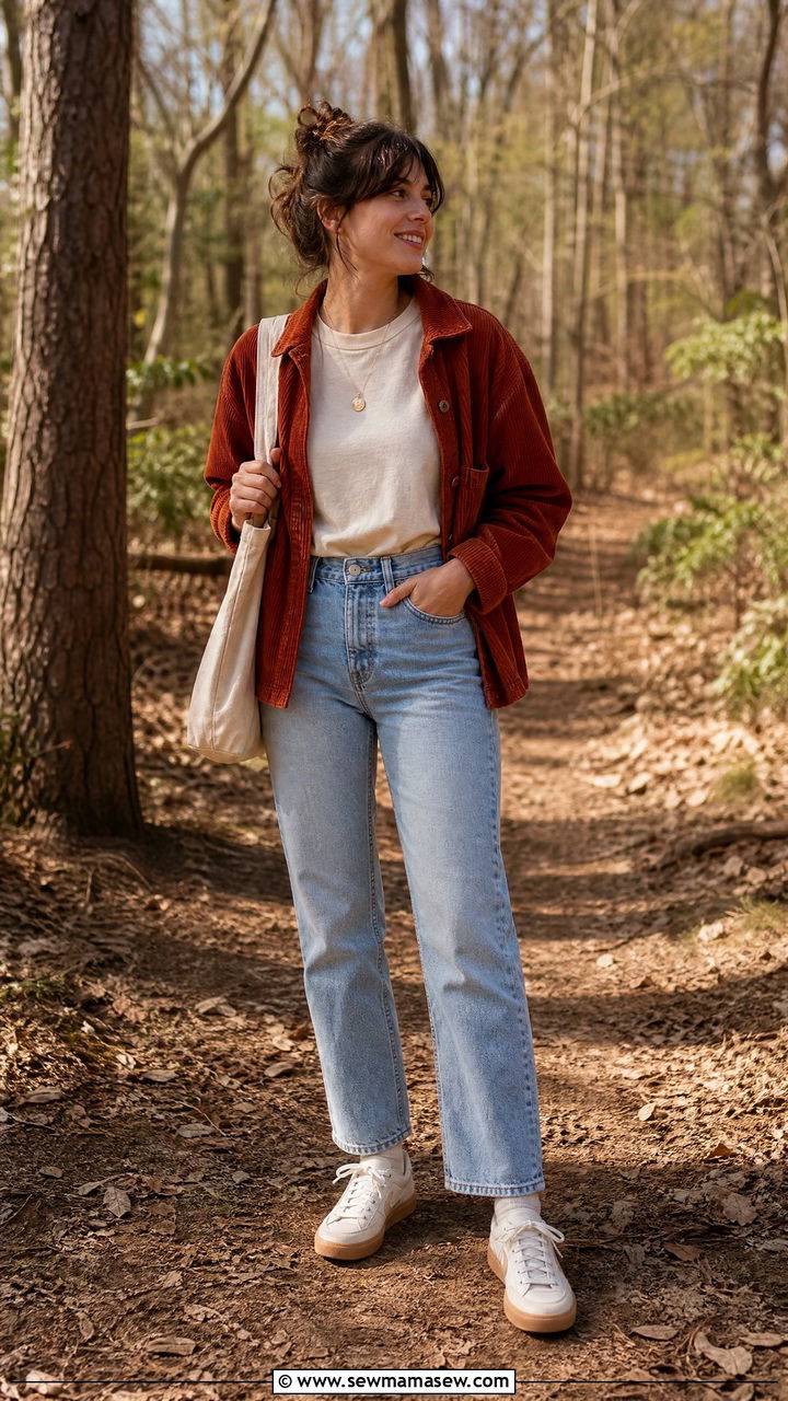 T shirt with corduroy jacket and straight leg jeans - 25 spring layered t shirts outfit ideas