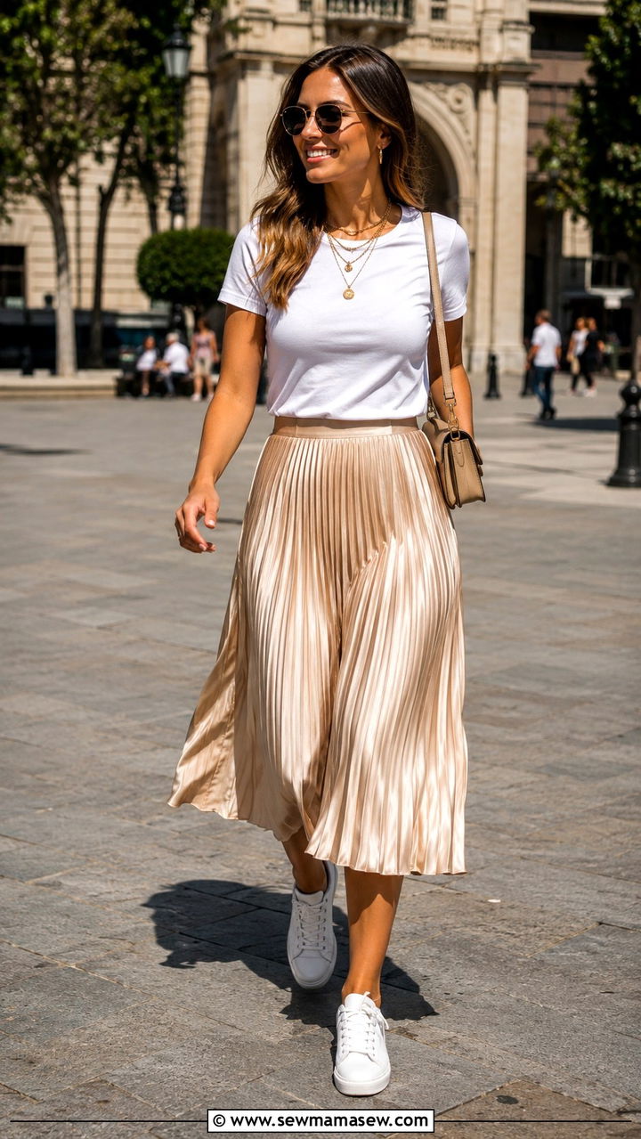 T shirt with midi skirt and white sneakers - 20 casual basic t-shirt outfits