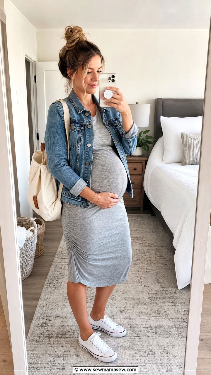 TShirt Dress and Denim Jacket Pregnancy Outfit - 20 Non maternity maternity outfit ideas