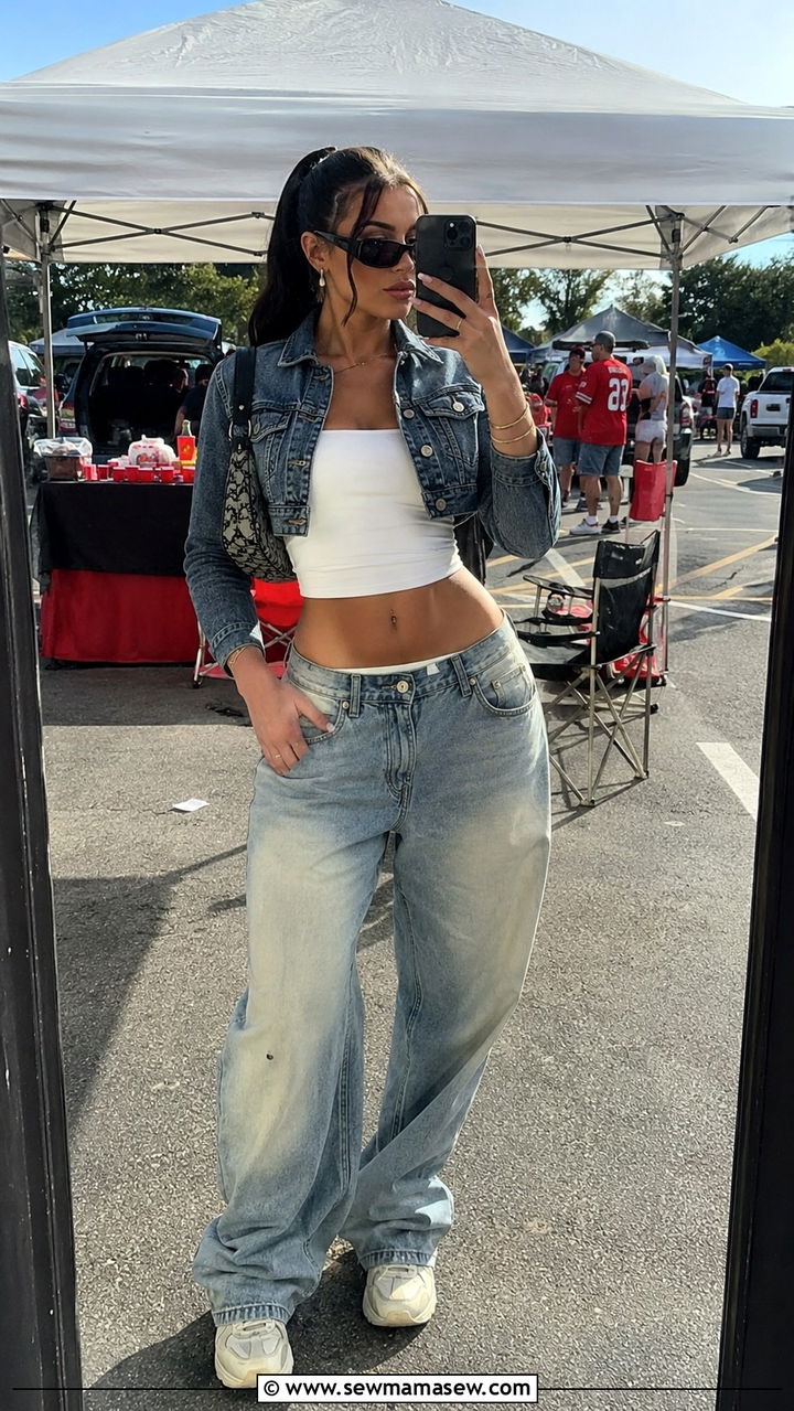 Tailgate outfit with baggy jeans and cropped jacket - 30 Tailgate outfit ideas with jeans