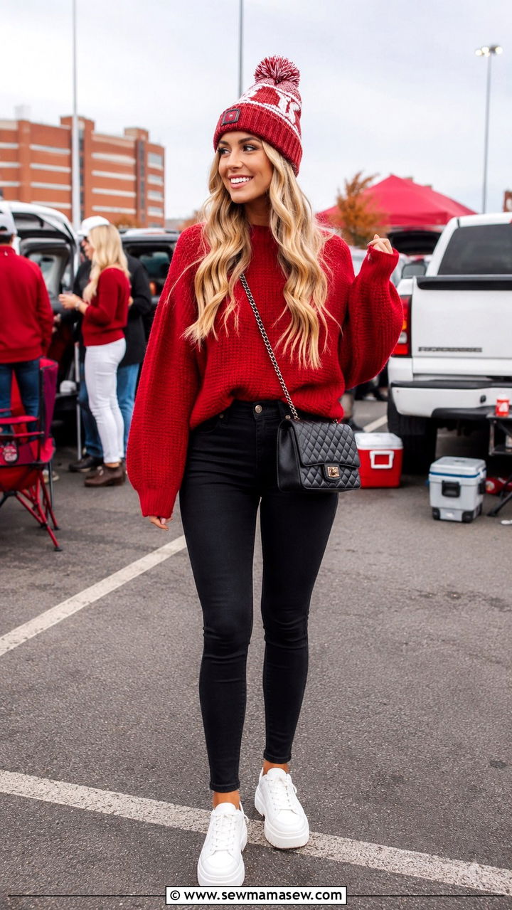 Tailgate outfit with black skinny jeans and team colors - 30 Tailgate outfit ideas with jeans