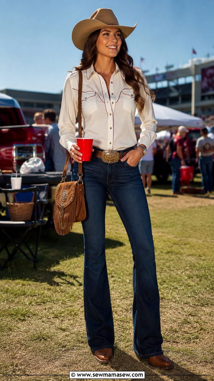 Tailgate outfit with bootcut jeans and western shirt - 30 Tailgate outfit ideas with jeans