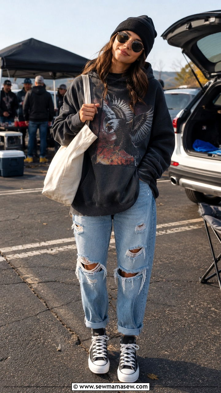 Tailgate outfit with distressed jeans and graphic hoodie - 30 Tailgate outfit ideas with jeans