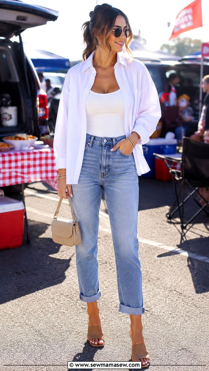 Tailgate outfit with jeans and button down shirt - 30 Tailgate outfit ideas with jeans