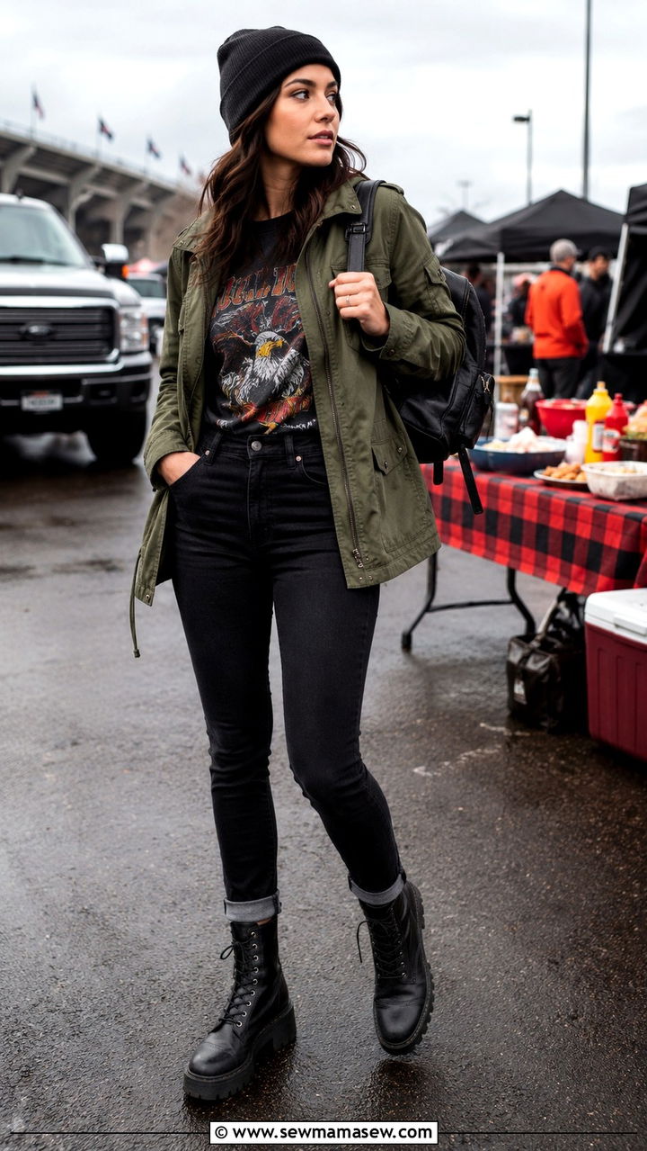 Tailgate outfit with jeans and combat boots - 30 Tailgate outfit ideas with jeans