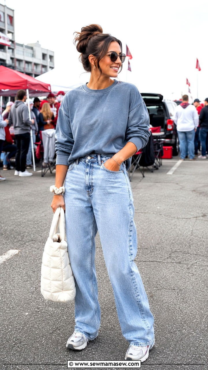 Tailgate outfit with jeans and crewneck sweatshirt - 30 Tailgate outfit ideas with jeans