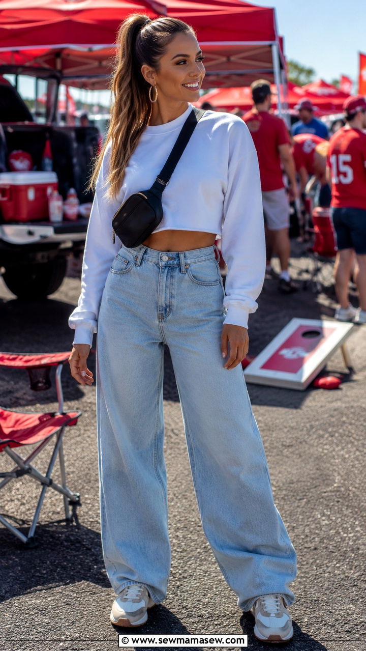 Tailgate outfit with jeans and platform sneakers - 30 Tailgate outfit ideas with jeans