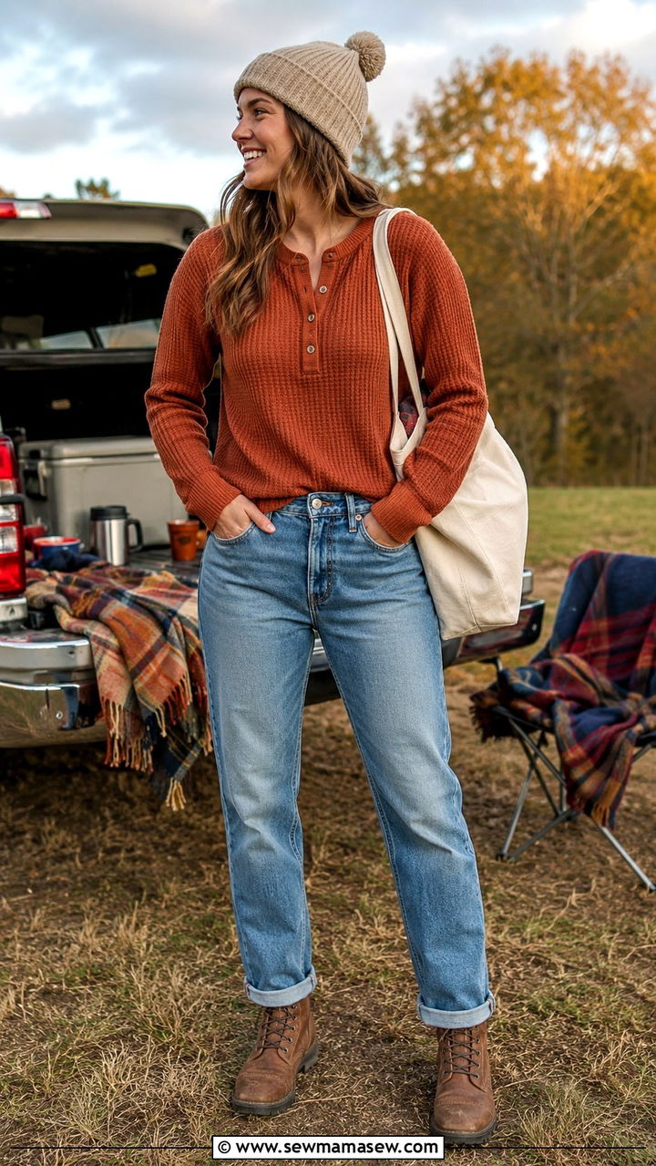 Tailgate outfit with jeans and thermal henley - 30 Tailgate outfit ideas with jeans
