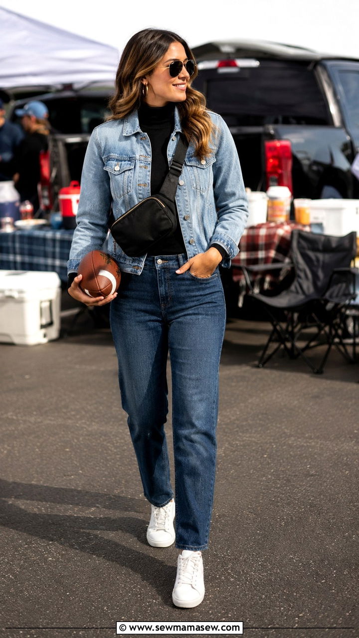 Tailgate outfit with jeans and varsity jacket - 30 Tailgate outfit ideas with jeans