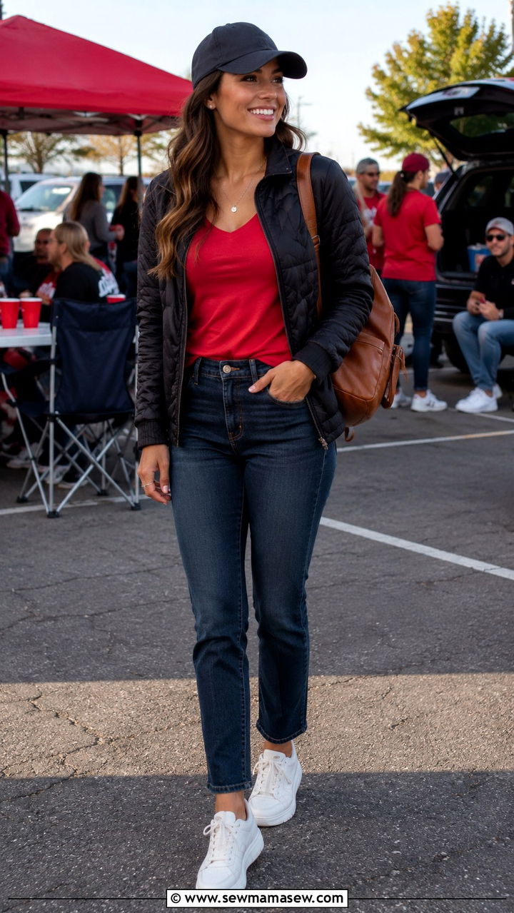 Tailgate outfit with jeans and white sneakers - 30 Tailgate outfit ideas with jeans