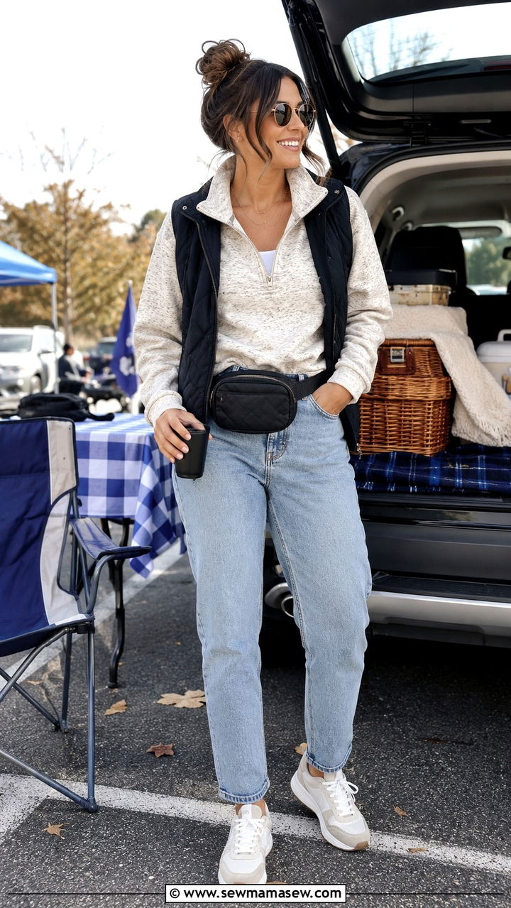 Tailgate outfit with mom jeans and half zip pullover - 30 Tailgate outfit ideas with jeans