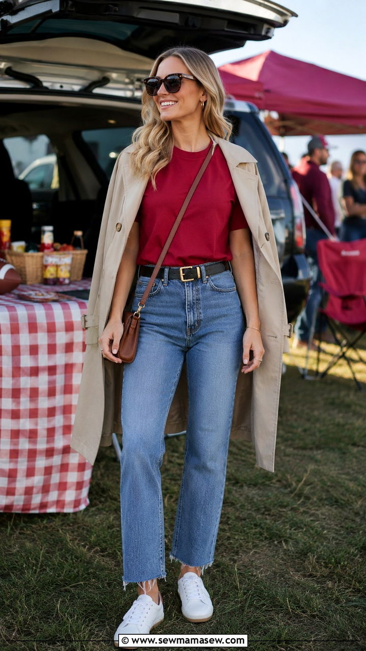 Tailgate outfit with straight leg jeans and tucked in tee - 30 Tailgate outfit ideas with jeans