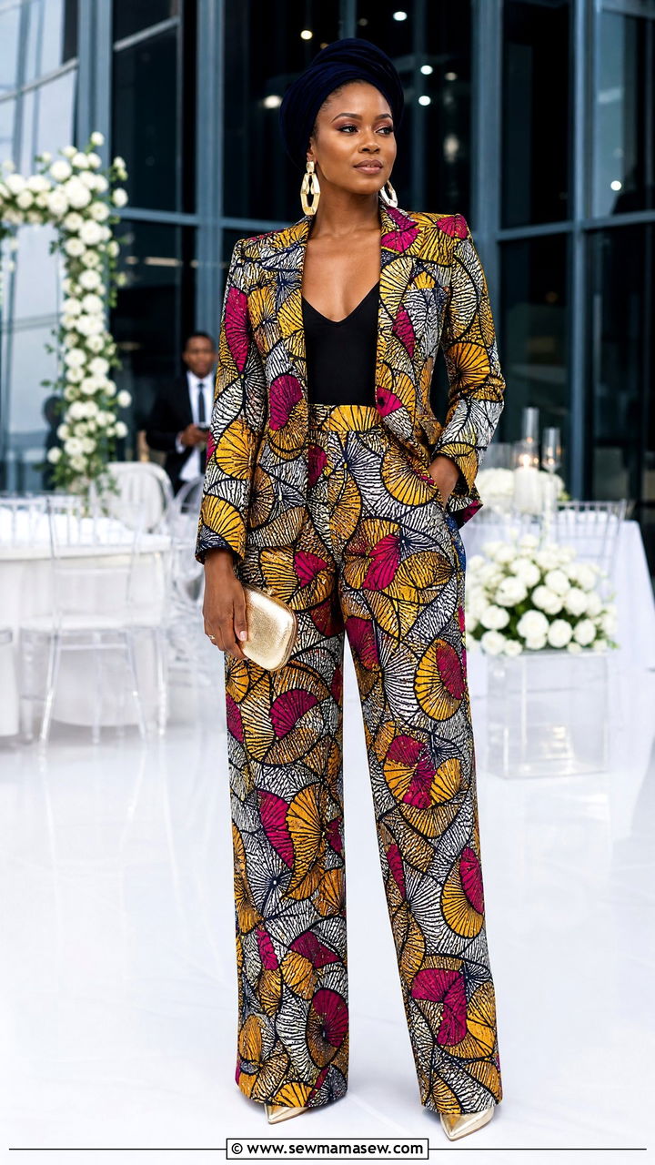 Tailored Ankara Blazer And Wide Leg Trousers - 25 Wedding guest outfit ideas Nigerian wedding