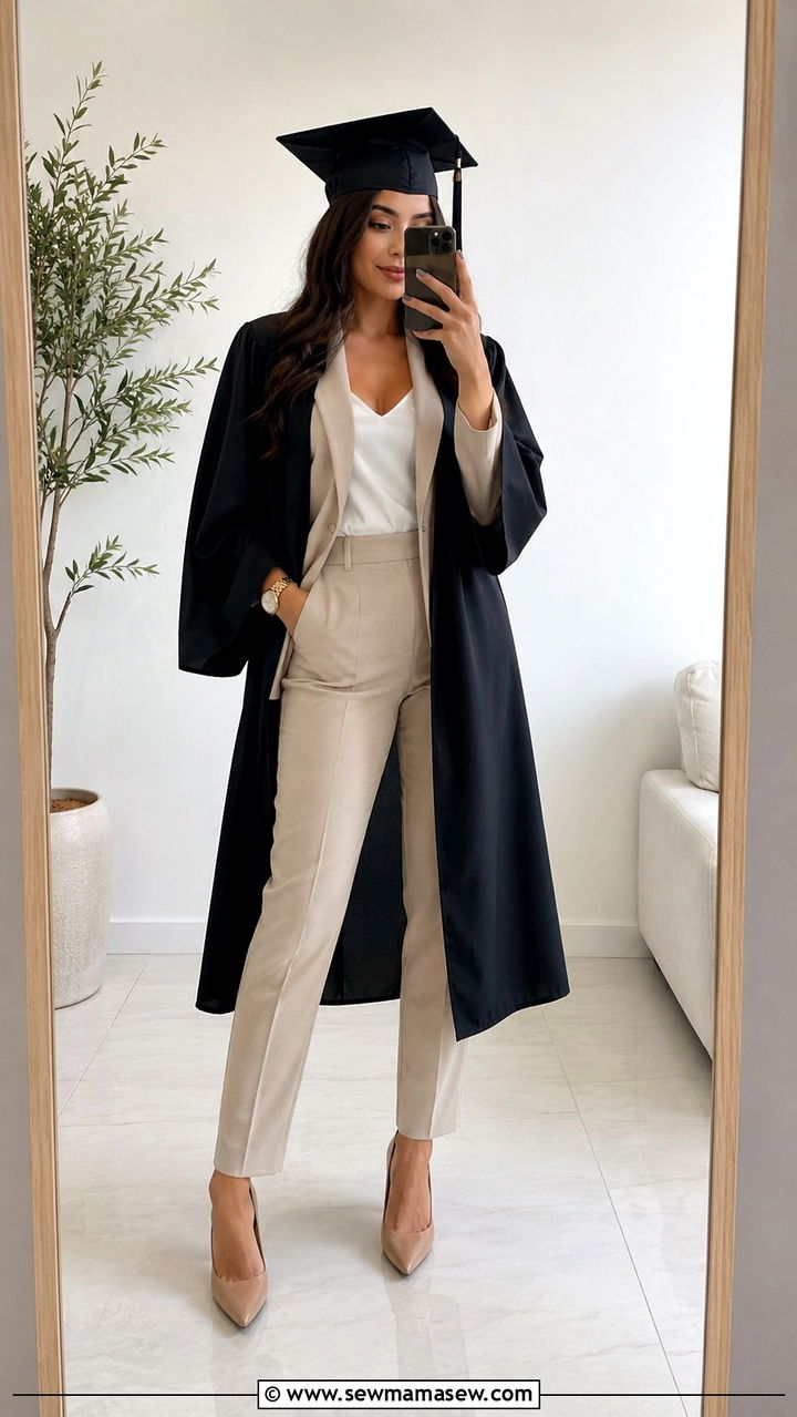 Tailored Beige Pantsuit with White Camisole - 30 Graduation cap and gown outfit ideas