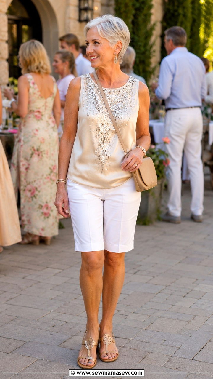 Tailored Bermuda Shorts With Dressy Top - 30 Party outfits for women over 60