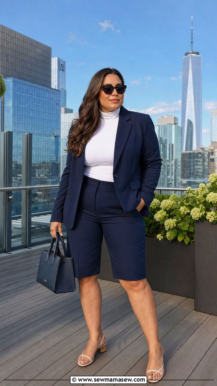 Tailored Bermuda Shorts and Lightweight Blazer Outfit - 35 Business casual outfits for curvy women