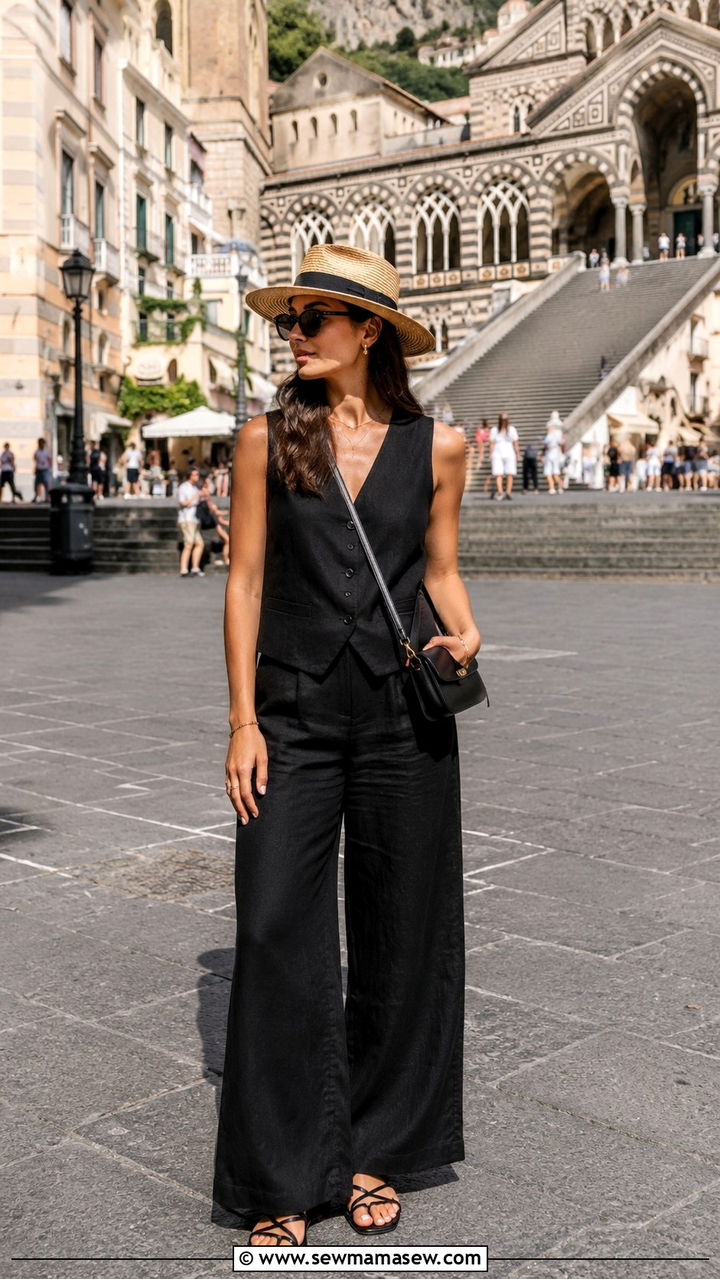 Tailored Black Vest with Wide Leg Trousers - 25 Amalfi Coast vacation outfit ideas 2026