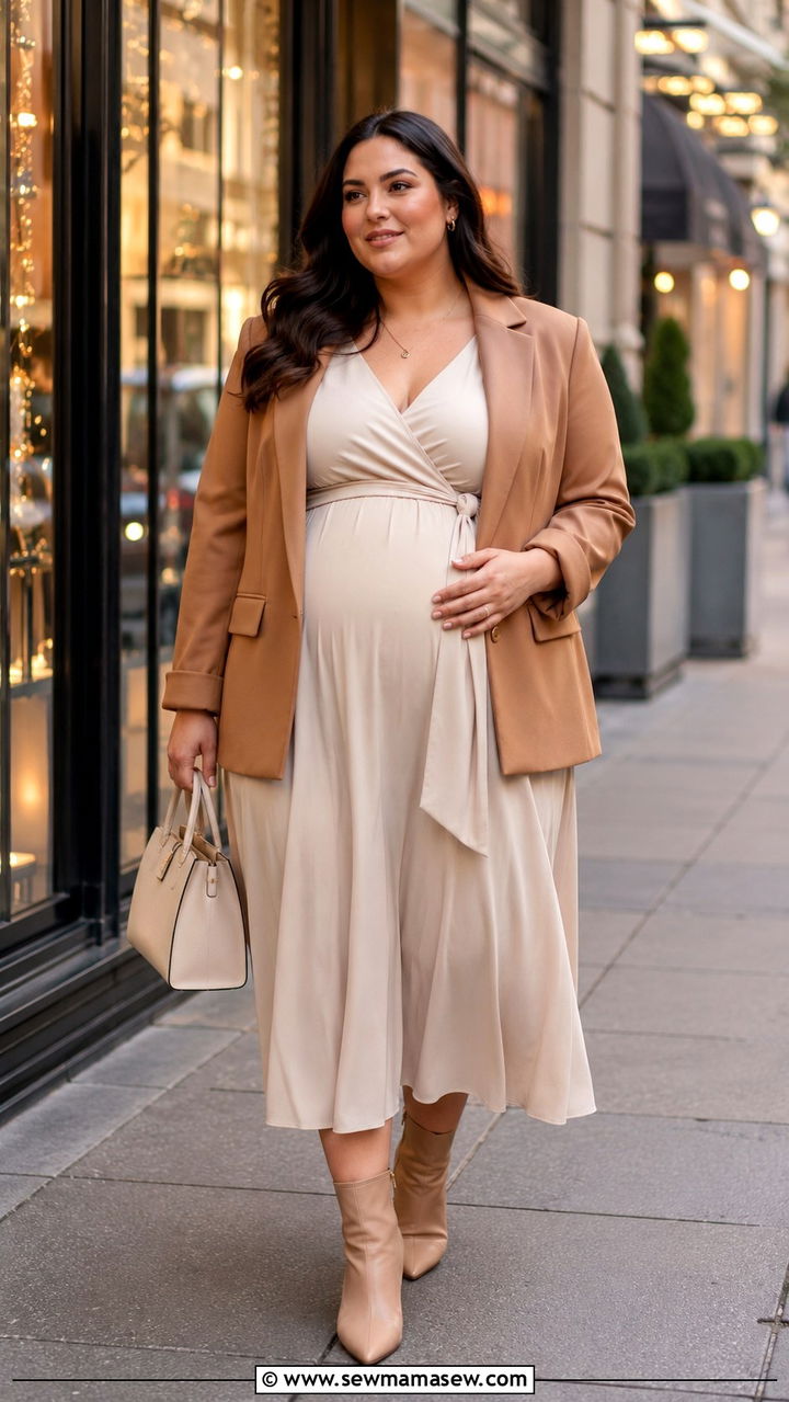Tailored Blazer Over Midi Dress With Heeled Boots - 30 Plus size outfit ideas for baby shower