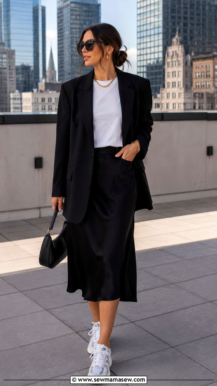 Tailored Blazer With A Slip Skirt And Graphic Sneakers - 30 casual trendy outfits