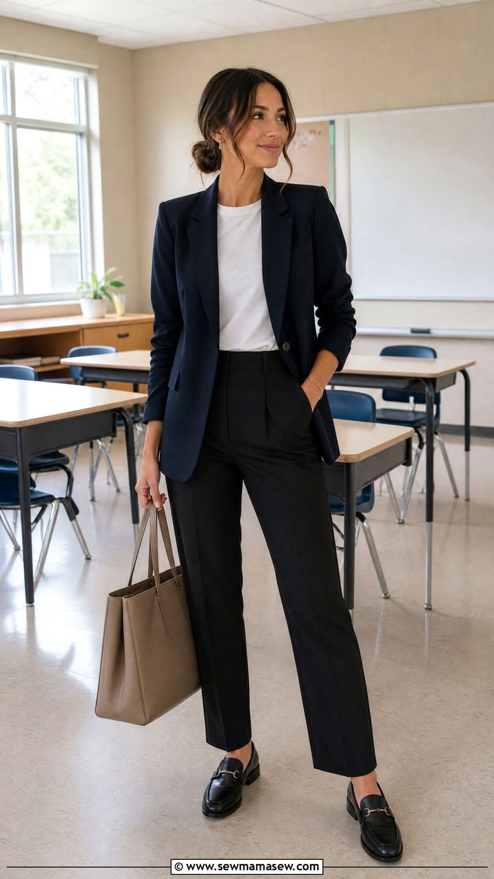 Tailored Blazer With Dark Trousers and Loafers - 25 First year teacher outfit ideas