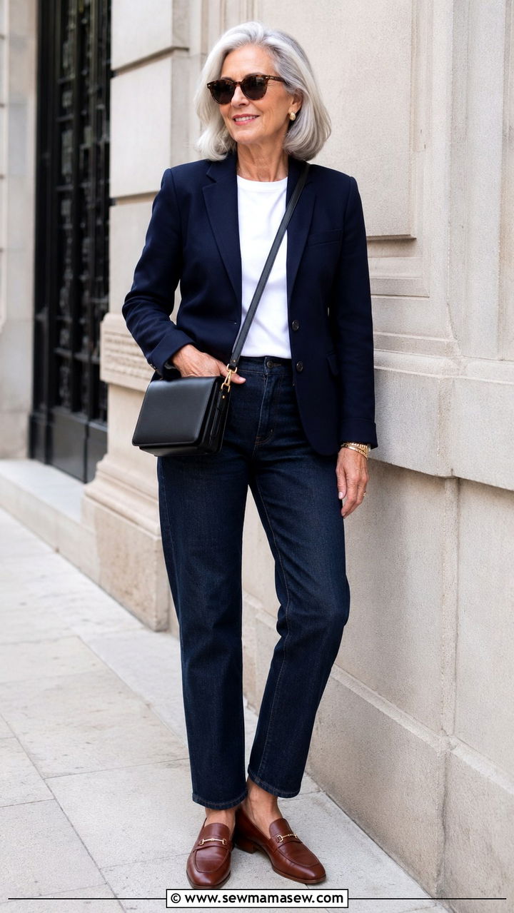 Tailored Blazer With Dark Wash Jeans And Loafers - 30 Trendy outfits for women over 60