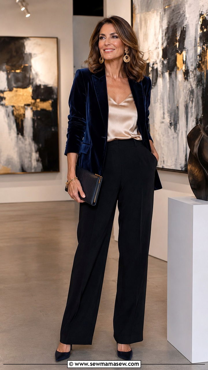 Tailored Blazer With Satin Camisole And Wide Leg Trousers - 30 Party outfits for women over 40