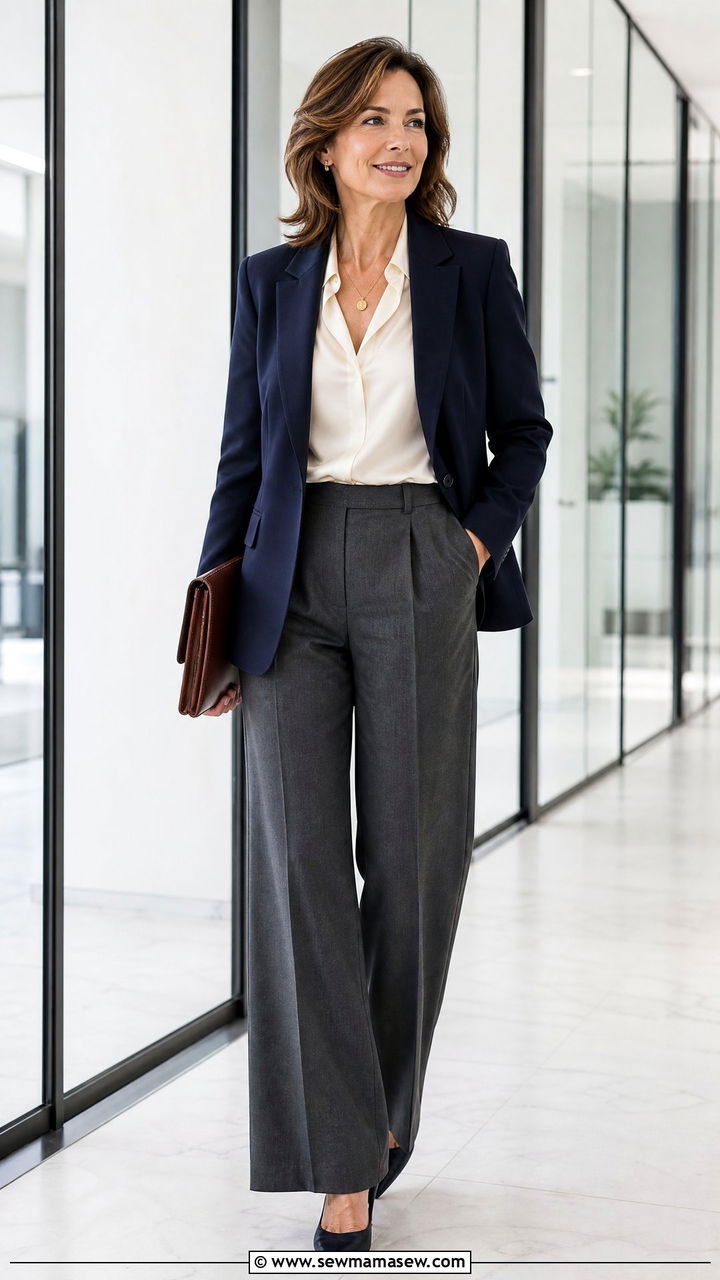 Tailored Blazer With Silk Blouse and Wide Leg Pants Outfit - 25 Fashion over 40 outfit ideas