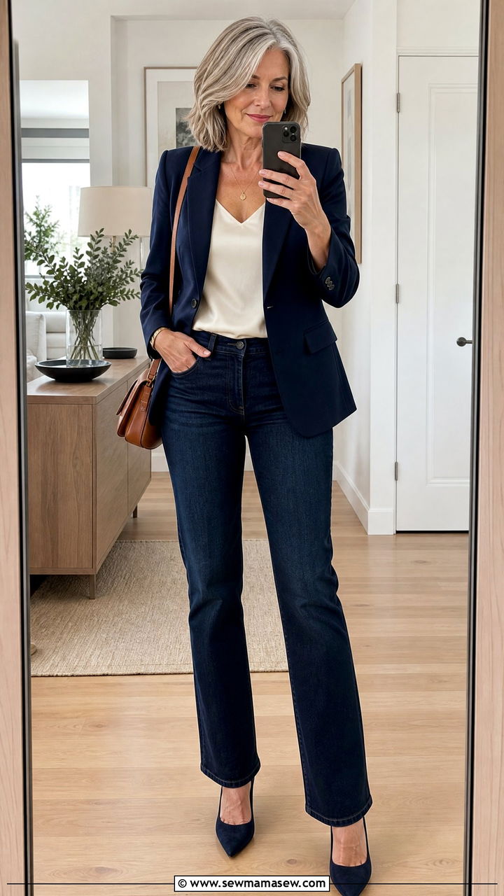 Tailored Blazer With Straight Leg Jeans And Pointed Toe Heels - 35 Going out outfit ideas women over 50