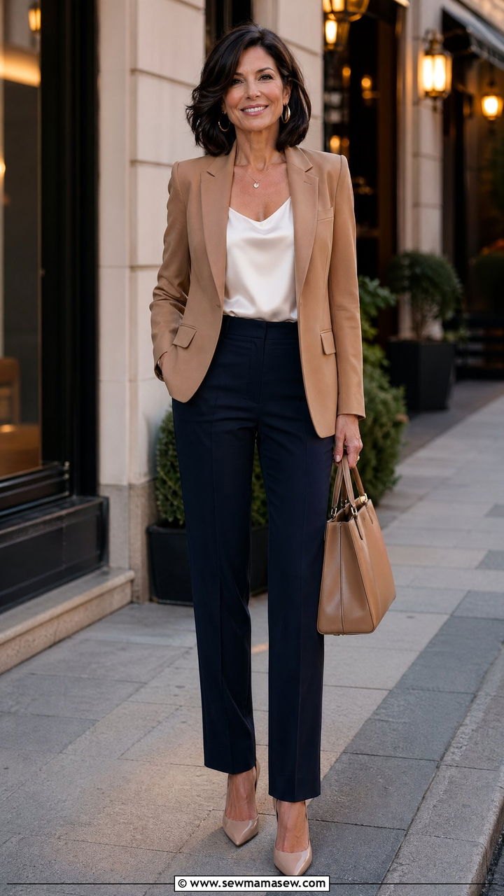 Tailored Blazer With Straight Leg Trousers - 35 dinner outfits for women over 40