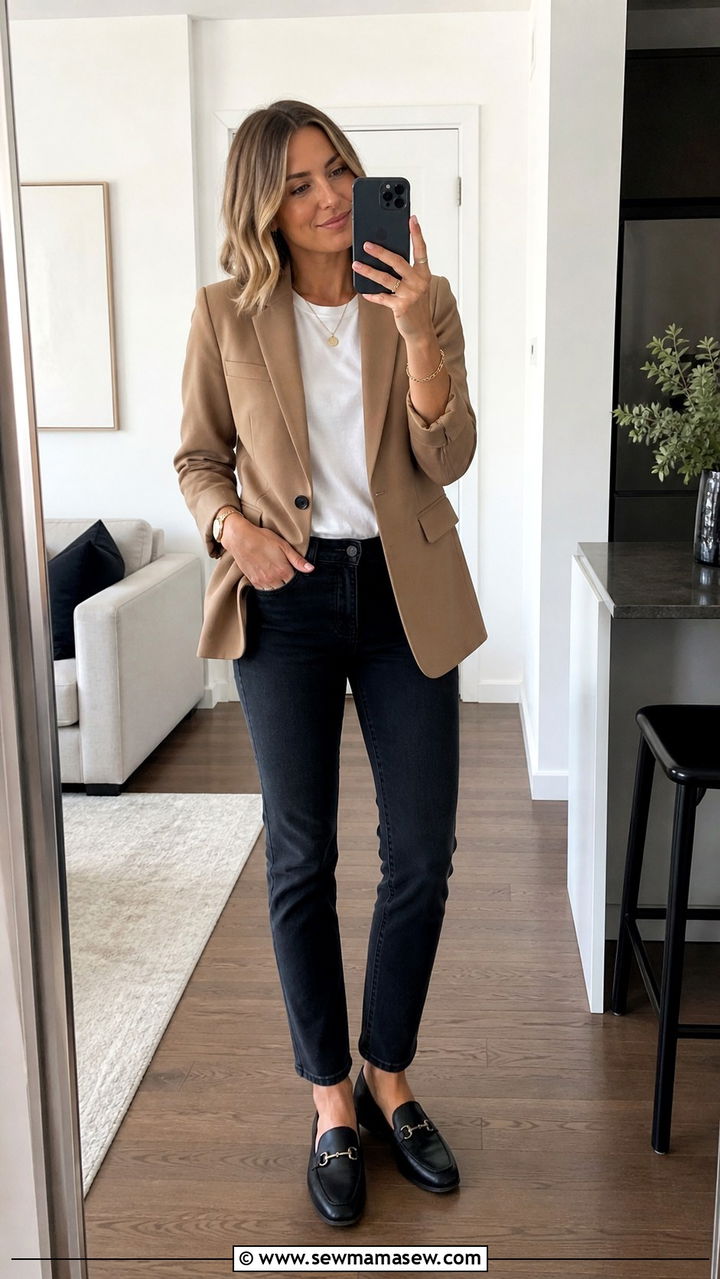 Tailored Blazer With White Tee and Dark Jeans - 20 45 year old woman outfit ideas