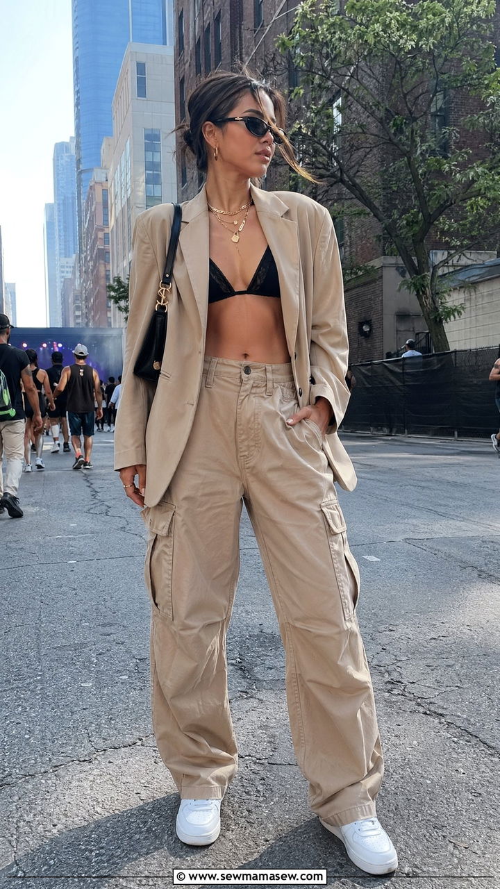 Tailored Blazer With a Bralette and Cargo Trousers - 35 festival outfits aesthetic