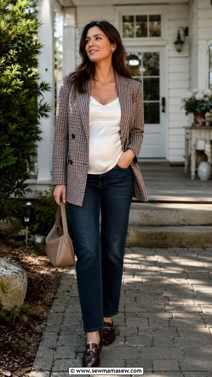 Tailored Blazer with Dark Denim - 30 classy baby shower outfit ideas