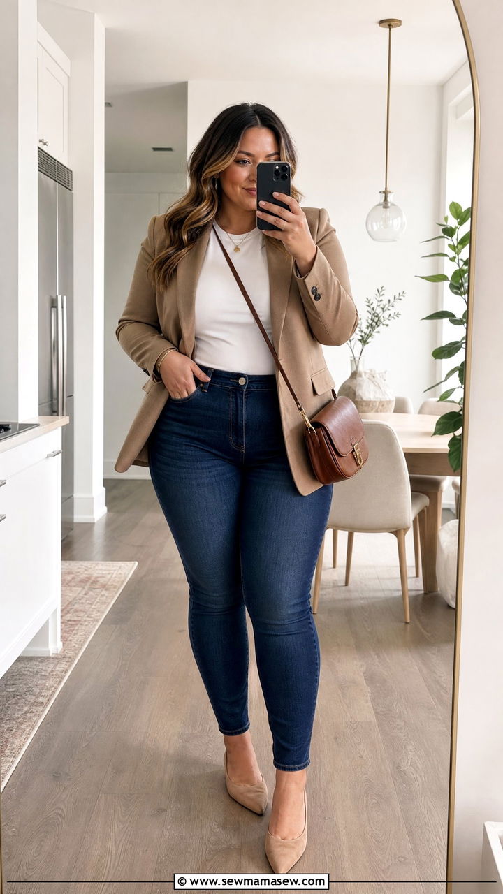 Tailored Blazer with High Waisted Skinny Jeans - 30 Brunch outfit ideas plus size