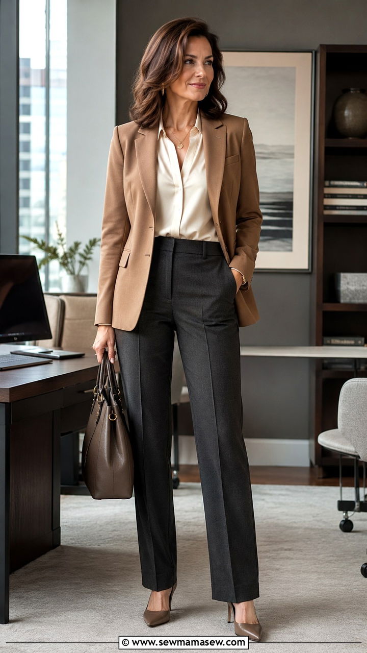Tailored Blazer with Silk Blouse and Trousers - 30 Modest outfit ideas for women over 40