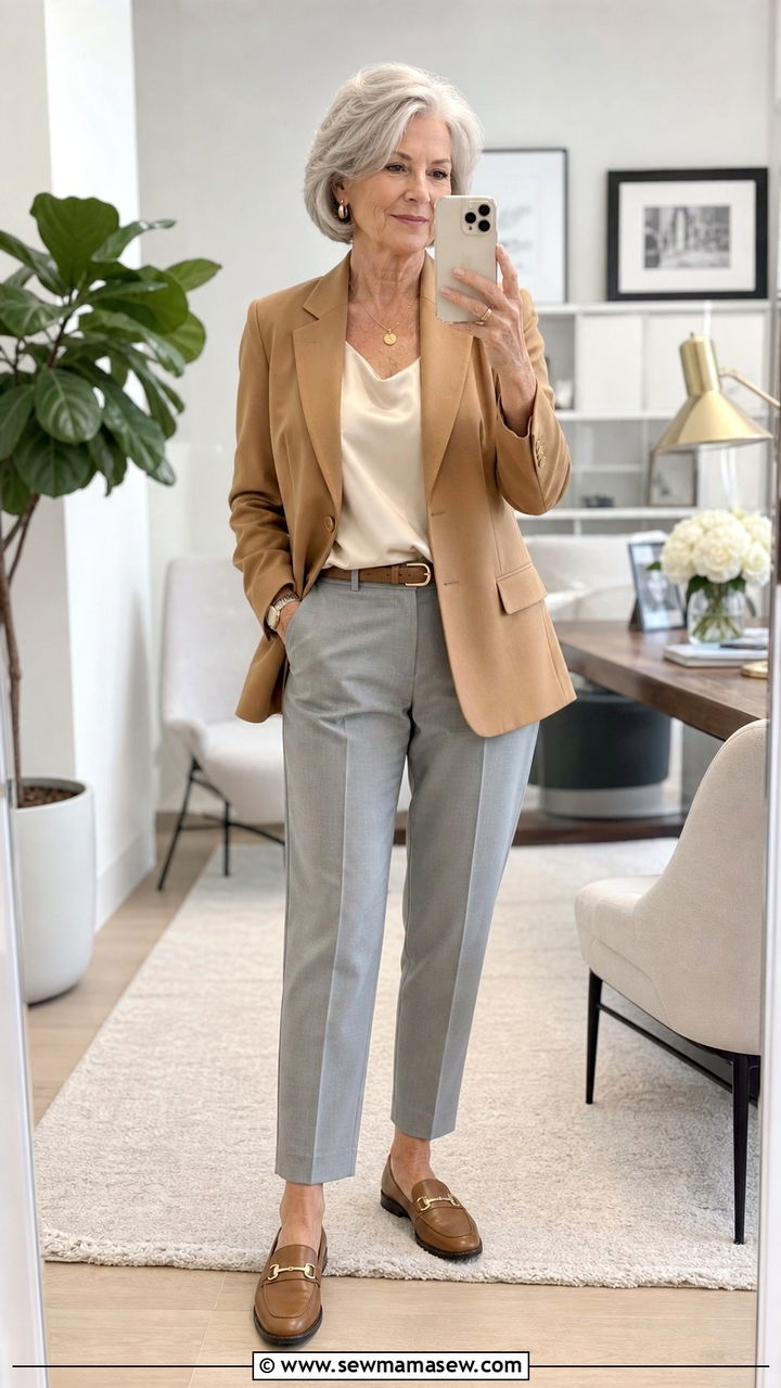 Tailored Blazer with Silk Shell and Trousers - 20 65 year old woman outfit ideas