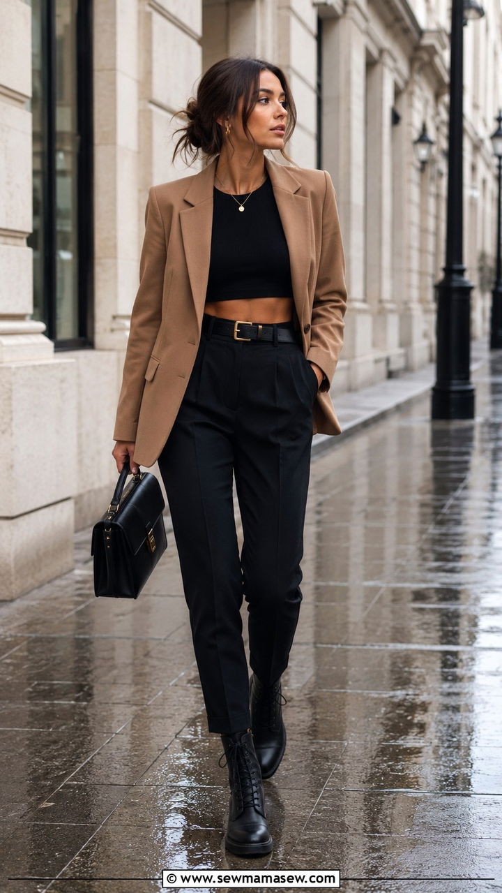 Tailored Blazer with Trousers and Combat Boots - 25 rainy day outfits aesthetic