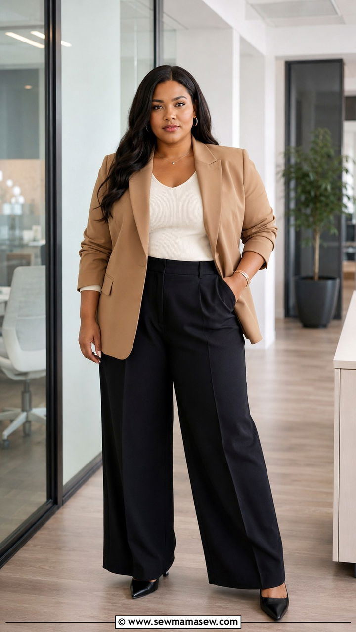 Tailored Blazer with Wide Leg Trousers - 30 Office outfit ideas plus size