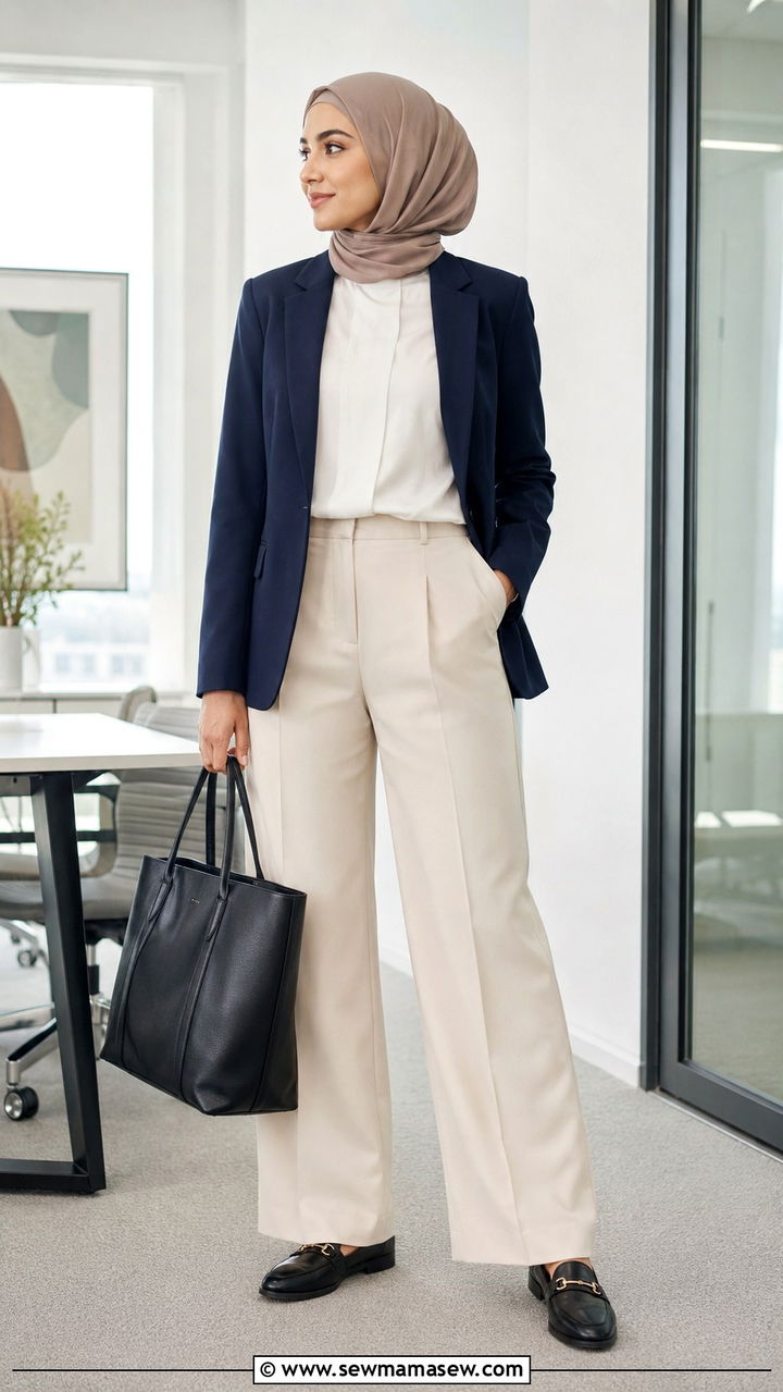 Tailored Blazer with Wide Leg Trousers and Loafers - 25 work outfits for hijab women