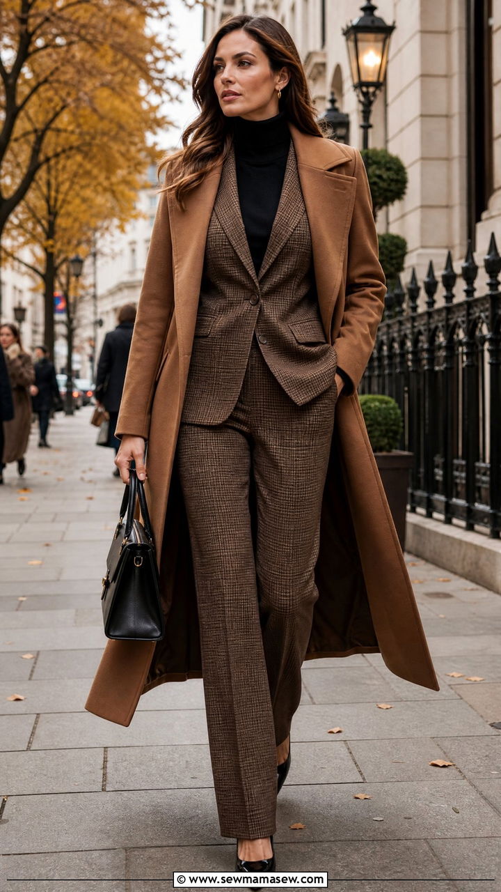 Tailored Brown Suit and Long Coat Outfit - 30 elegant outfits ideas