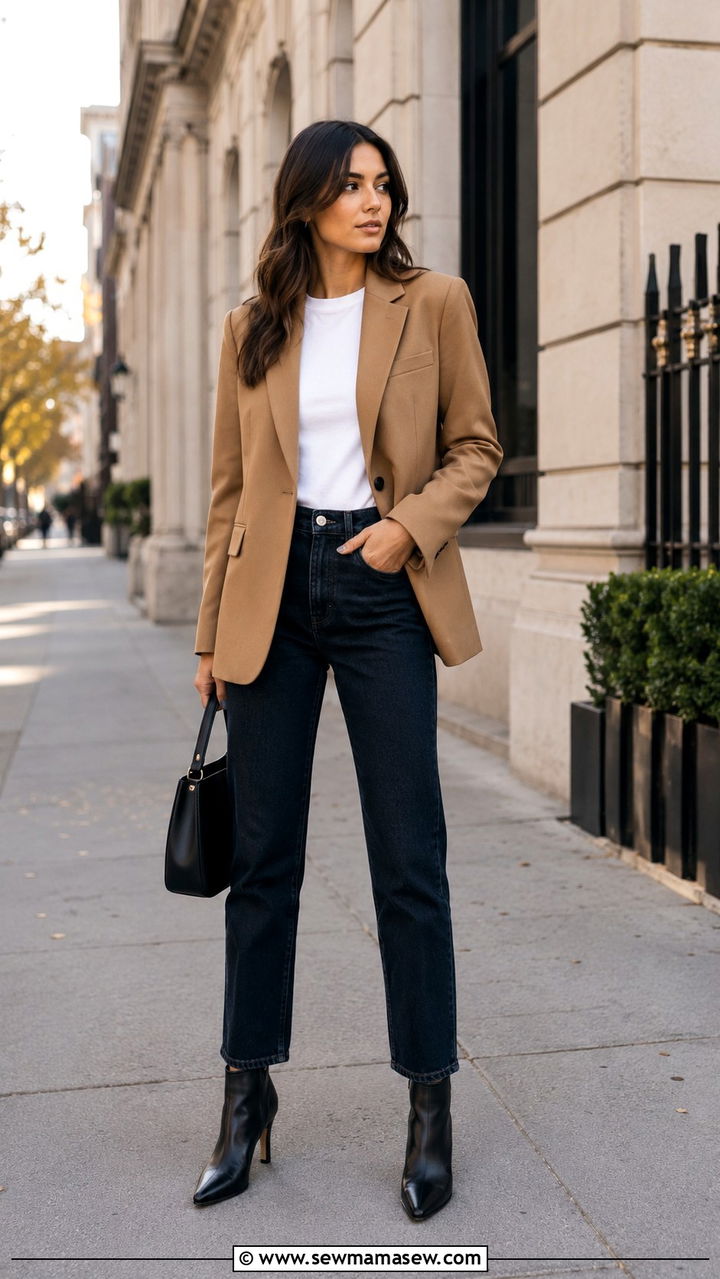 Tailored Camel Blazer With White Tee And Dark Jeans - 30 Quiet luxury outfit ideas with jeans