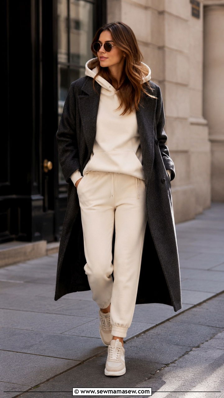 Tailored Coat Hoodie Joggers Weekend Outfit - 25 transitional weekend outfit ideas