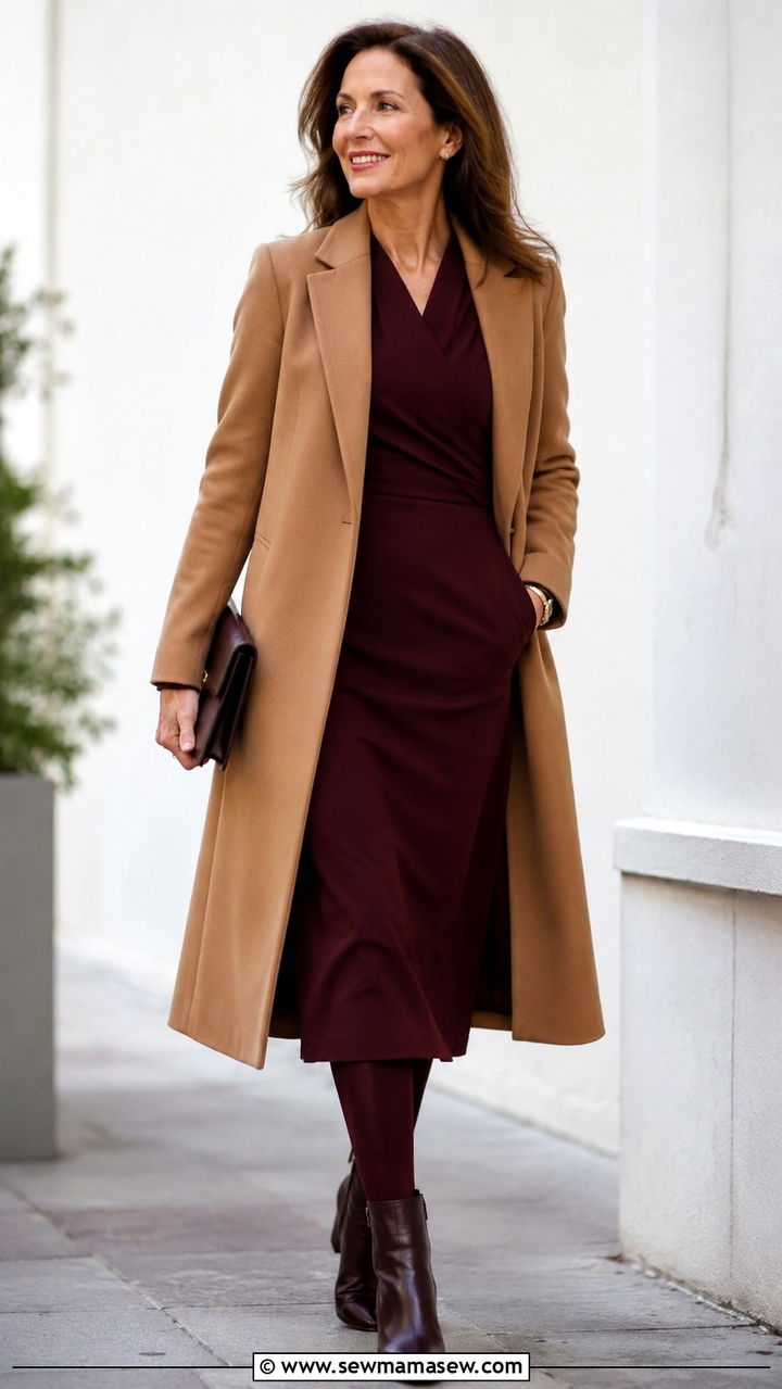 Tailored Coat Over Midi Dress - 20 Outfit ideas for apple shape over 50